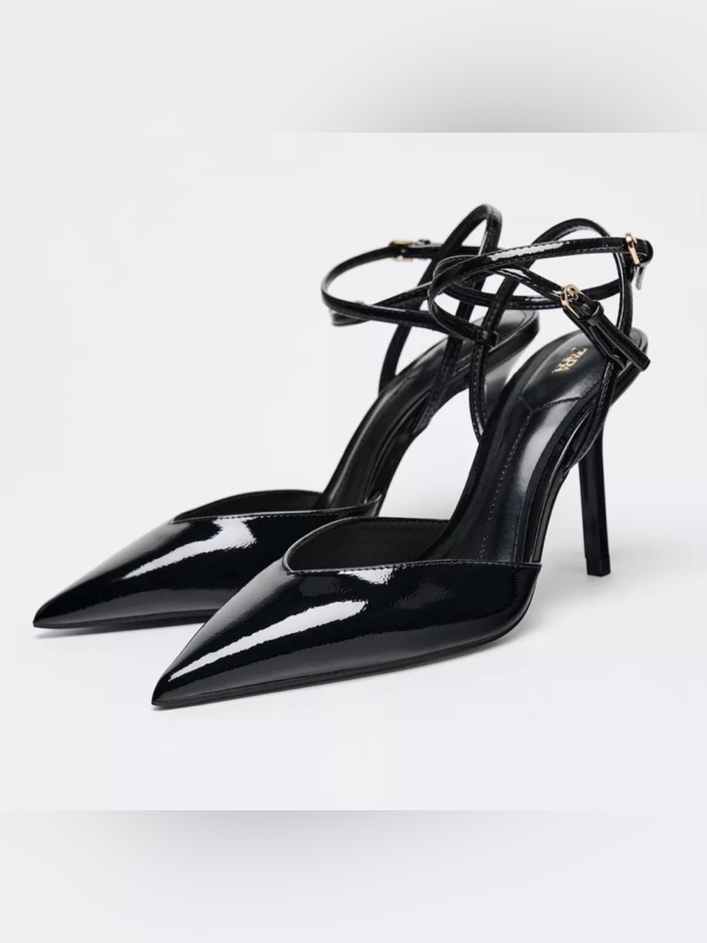 Zara strappy pointy slingback heels, patent finish ankle strap. - Picture 5 of 9